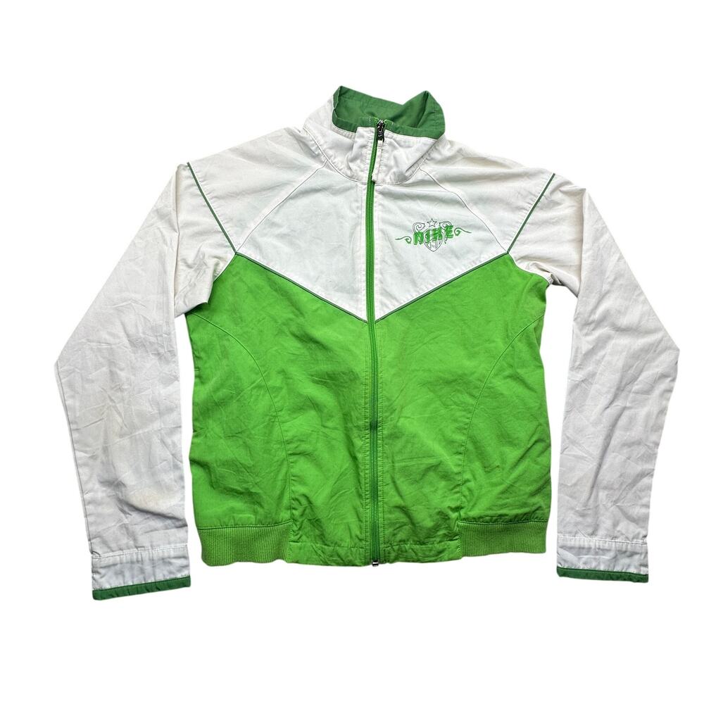 Vintage Y2K Nike Track Jacket Windbreaker Womens Medium Green White Poly Cotton